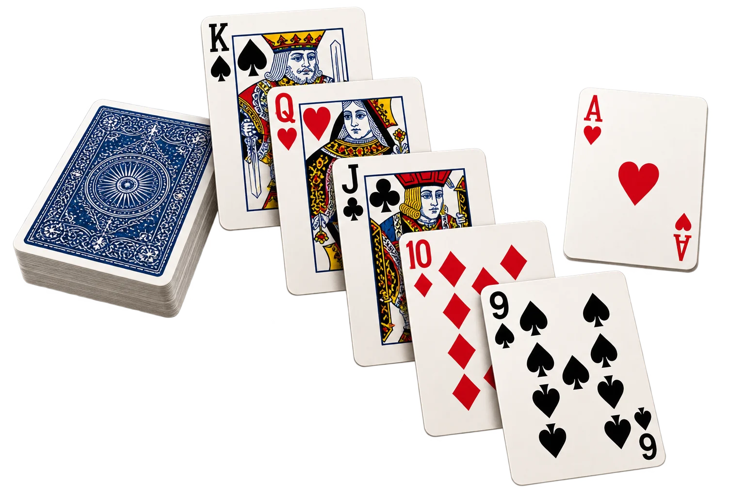 A deck of cards and a king-to-nine run laid out for Solitaire